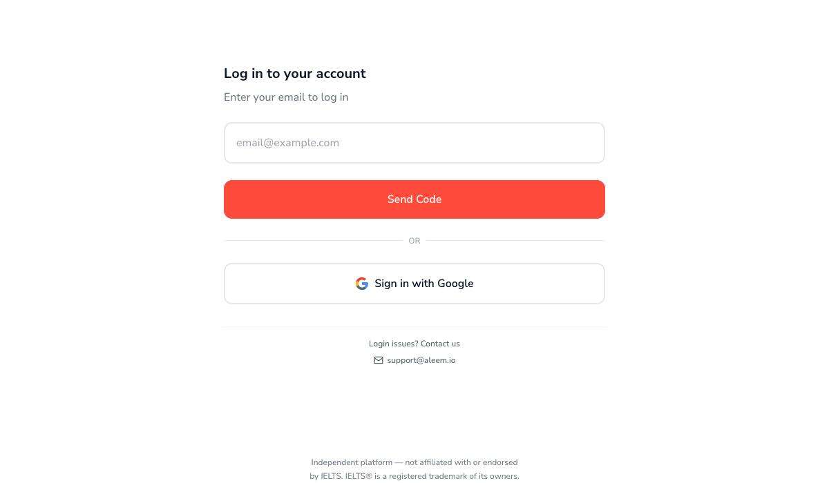 The GoPrep sign-in screen: an email field, Send Code, and Sign in with Google